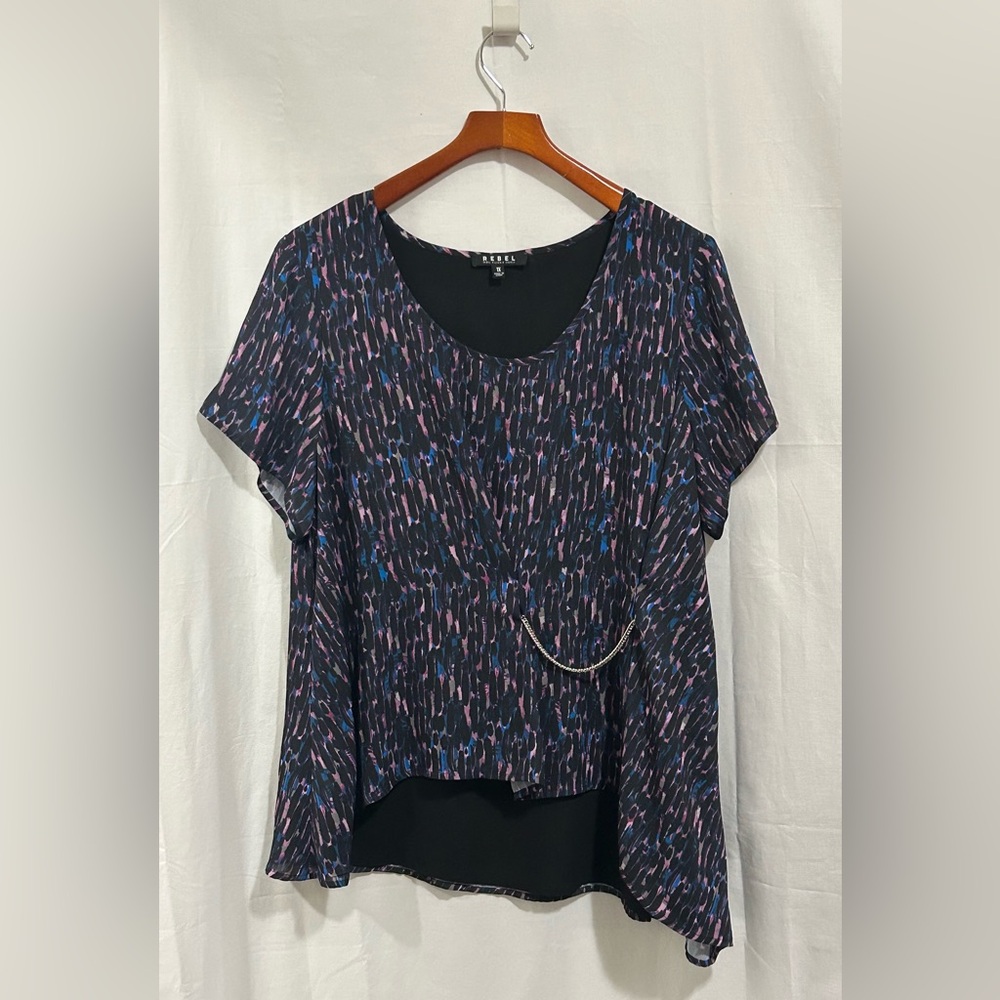 Rebel - Black, Pink & Blue Patterned Blouse with Chain Detail